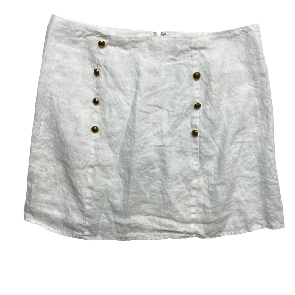 Reformation Linen Skirt Womens 12 White Nautical Sailor Gold Button Mini